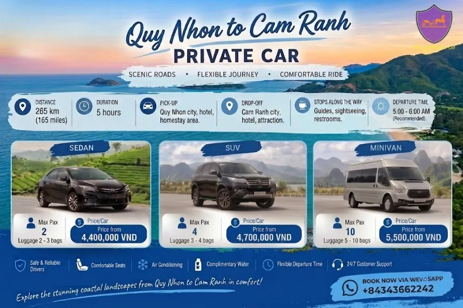 Quy Nhon to Cam Ranh Private Car Vehicle Options - Hoi An Private Car