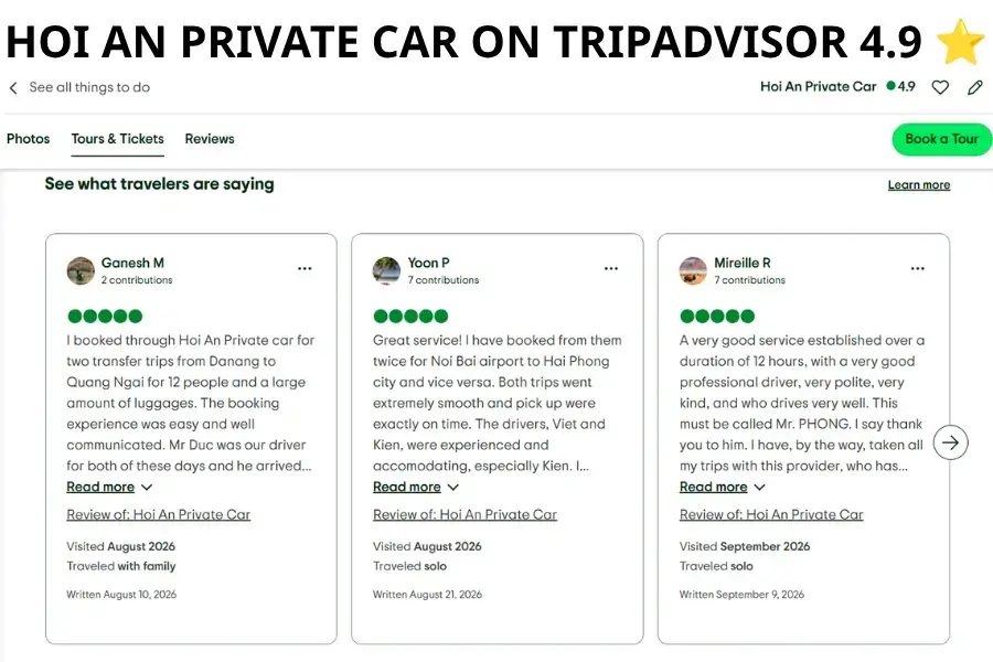 Hoi An Private Car gains 4.9 stars on TripAdvisor
